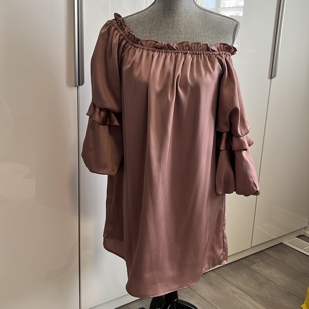 BLUSH Satin Effect off the Shoulder Puff Sleeve Lined Dress in Blush, Size M